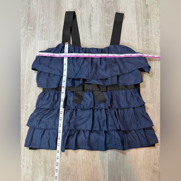 Anthropologie Bordeaux Top Silk Tank Ruffle Navy Black Front Bow Detail Sz Large - Picture 6 of 6